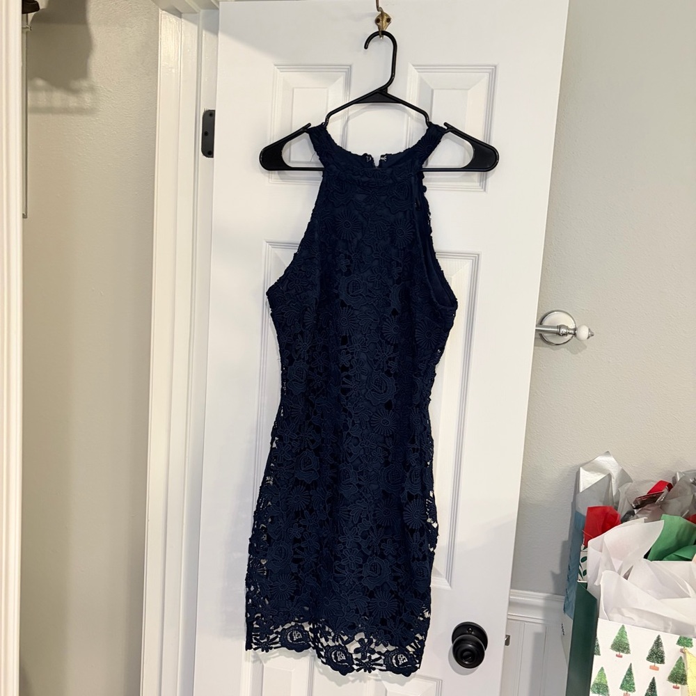 Lulus Love Poem Navy Blue Lace Halter Mini Dress Size Large - Picture 5 of 12